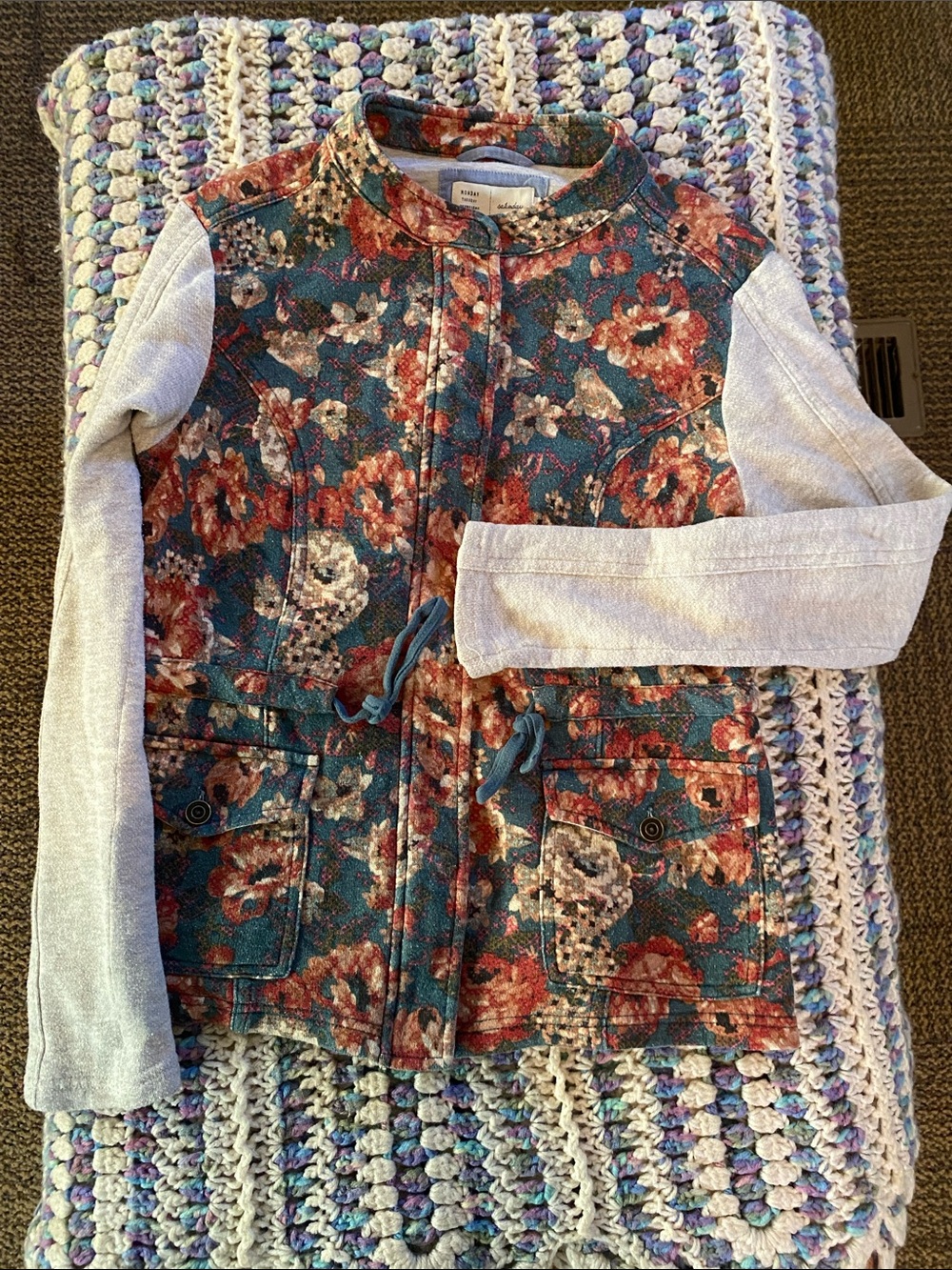 Teal Floral Drawstring Utility Jacket with Cream Sleeves